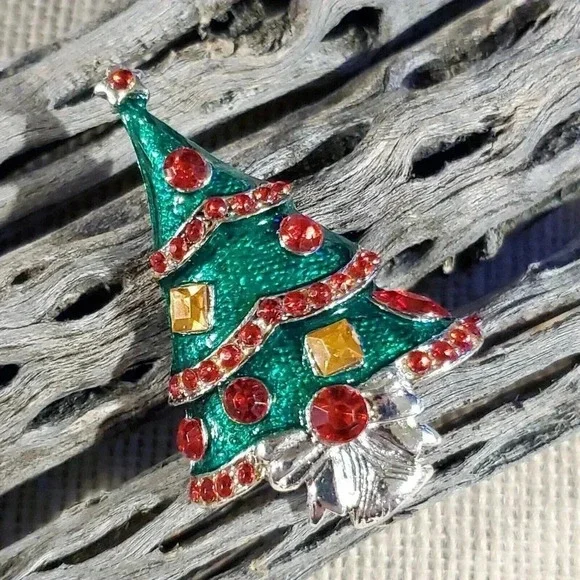 90s Y2K Vtg Christmas Tree Red Green Silver Rhinestone Enamel Sweater Pin Brooch - Picture 2 of 5